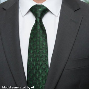 Emerald Green Black Art Deco Pattern Neck Tie