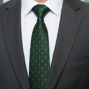 Emerald Green Black Art Deco Pattern Neck Tie