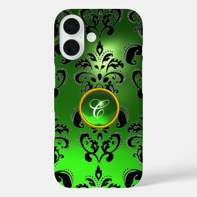EMERALD GREEN BLACK DAMASK GEM MONOGRAM Floral Case-Mate iPhone Case (Back)