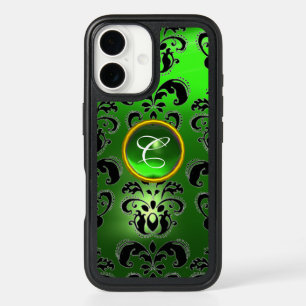 EMERALD GREEN BLACK DAMASK GEMSTONE MONOGRAM iPhone 16 CASE