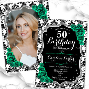 Emerald Green Black Damask Photo 50th Birthday Invitation