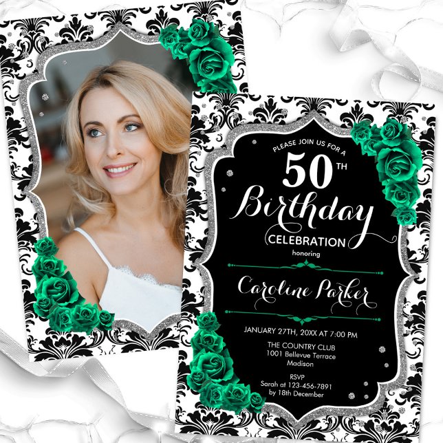 Emerald Green Black Damask Photo 50th Birthday Invitation (Creator Uploaded)