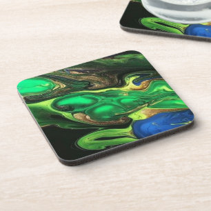 Emerald Green Black  Fluid Art Marble Beverage Coaster