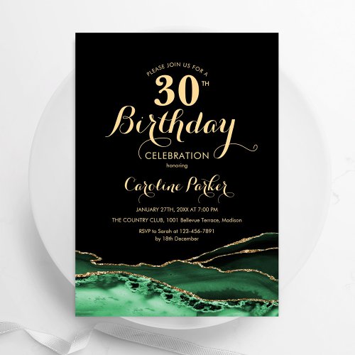 Emerald Green Black Gold Agate 30th Birthday Invitation