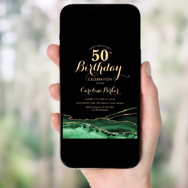 Emerald Green Black Gold Agate 50th Birthday Invitation (Front Digital)