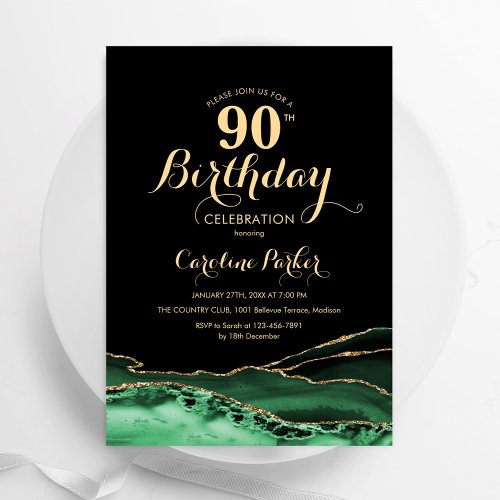 Emerald Green Black Gold Agate 90th Birthday Invitation