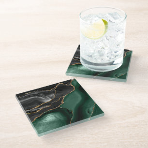 Emerald Green Black Gold Agate Glass Coaster