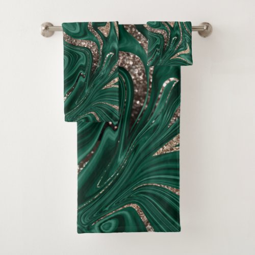 Emerald Green Black Gold Glitter Marble 1 Bath Towel Set