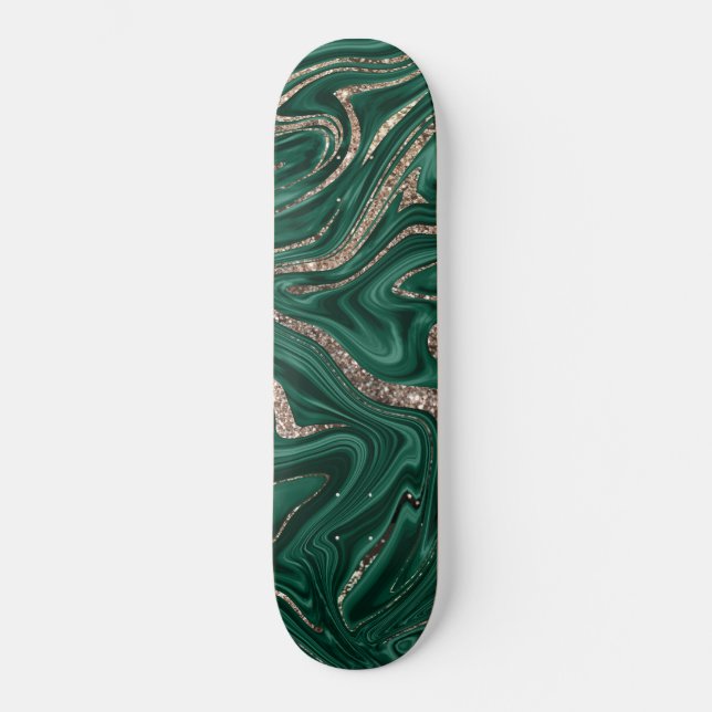 Emerald Green Black Gold Glitter Marble #1 Skateboard (Front)