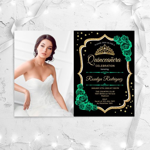 Emerald Green Black Gold Photo Quinceanera Invitation