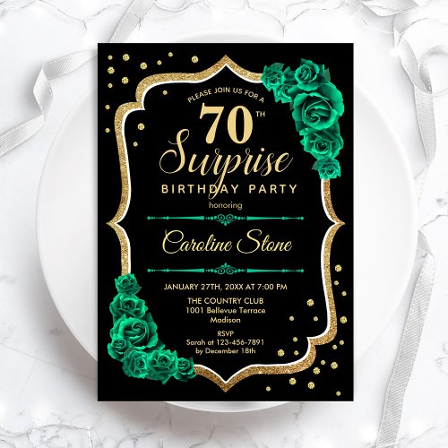 Emerald Green Black Gold Surprise 70th Birthday Invitation