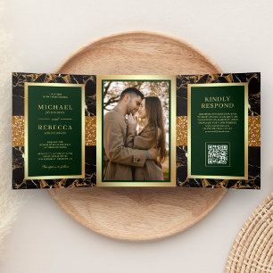 Emerald Green Black Marble Gold QR Code Wedding Tri-Fold Invitation