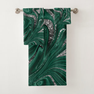 Emerald Green Black Silver Glitter Marble #1  Bath Towel Set