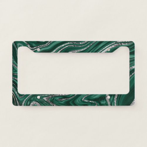 Emerald Green Black Silver Glitter Marble 1 License Plate Frame