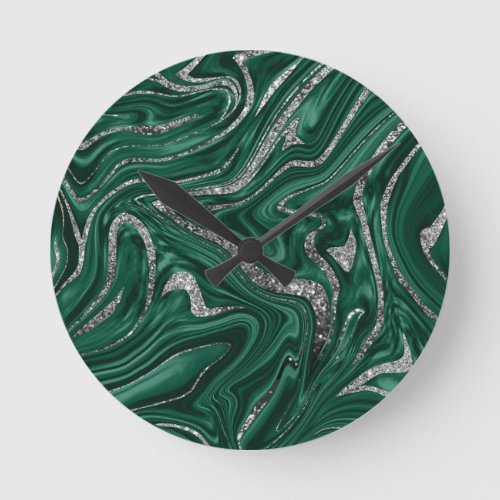 Emerald Green Black Silver Glitter Marble 1  Round Clock