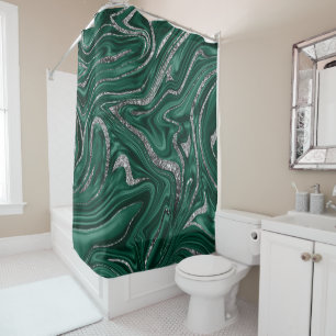 Emerald Green Black Silver Glitter Marble #1 Shower Curtain