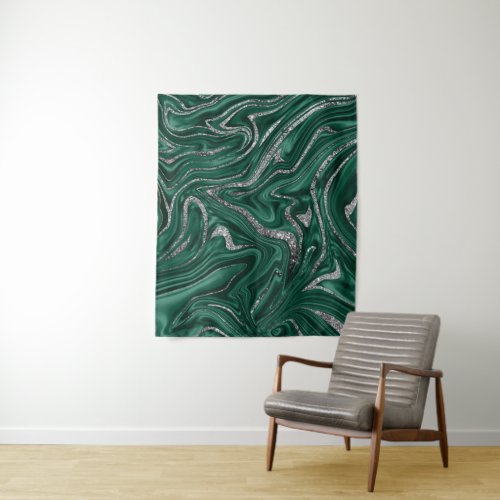 Emerald Green Black Silver Glitter Marble 1  Tapestry