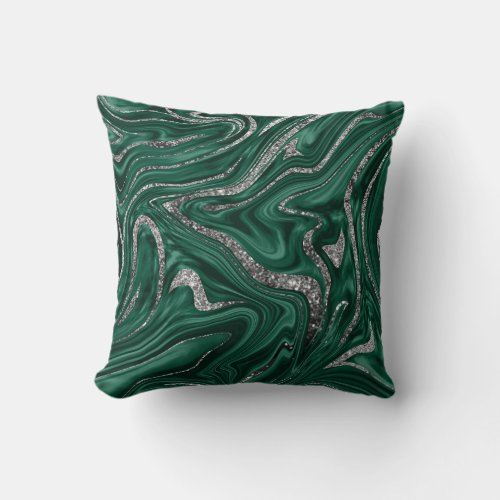 Emerald Green Black Silver Glitter Marble 1  Throw Pillow