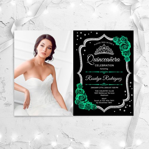 Emerald Green Black Silver Photo Quinceanera Invitation