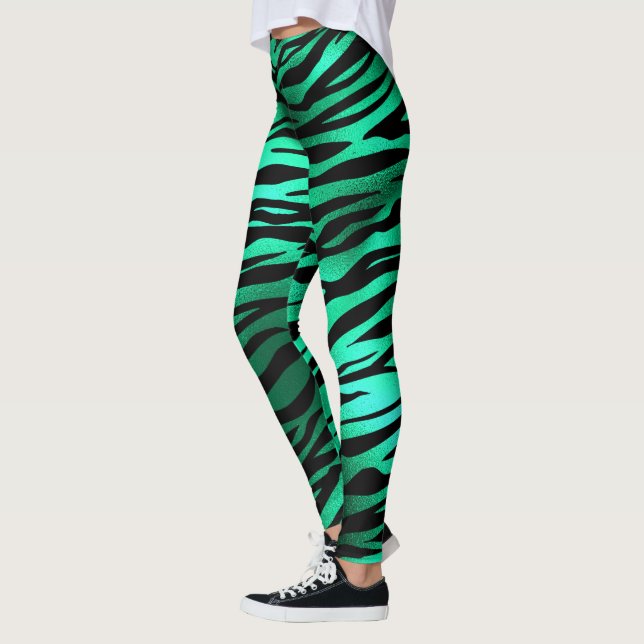 Emerald Green Black Tiger Stripes Wild Animals Leggings (Left)