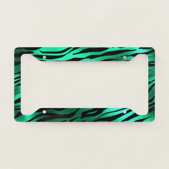 Emerald Green Black Tiger Stripes Wild Animals License Plate Frame (Front)