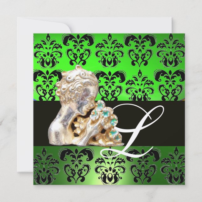 EMERALD GREEN ,BLACK, WHITE DAMASK JEWEL MONOGRAM INVITATION (Front)