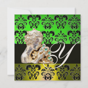 EMERALD GREEN ,BLACK, WHITE DAMASK JEWEL MONOGRAM INVITATION