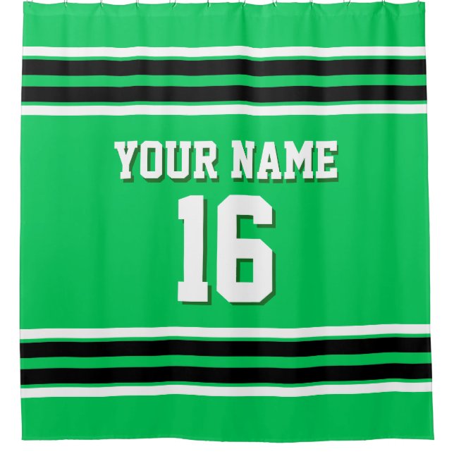 Emerald Green Black White Stripes Sports Jersey Shower Curtain (Front)