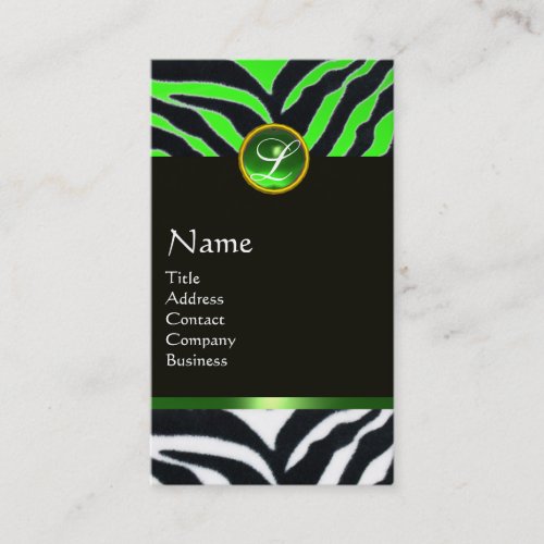 EMERALD GREEN BLACK WHITE ZEBRA FUR MONOGRAM BUSINESS CARD