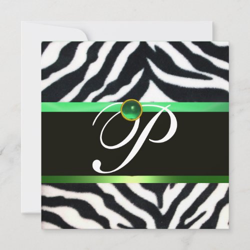 EMERALD GREEN BLACK WHITE ZEBRA FUR MONOGRAM INVITATION