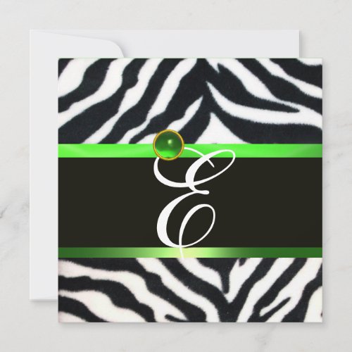 EMERALD GREEN BLACK WHITE ZEBRA FUR MONOGRAM INVITATION