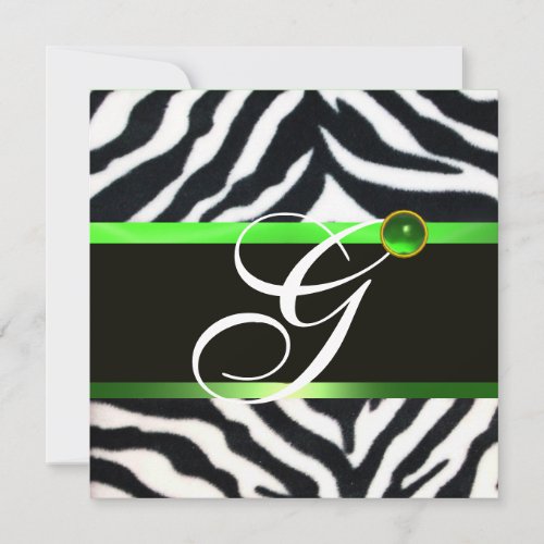 EMERALD GREEN BLACK WHITE ZEBRA FUR MONOGRAM INVITATION