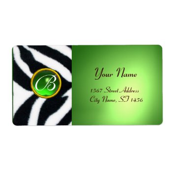 Emerald Green Black White Zebra Fur Monogram Label by bulgan_lumini at Zazzle