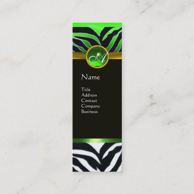 EMERALD GREEN BLACK WHITE ZEBRA FUR MONOGRAM MINI BUSINESS CARD (Front)