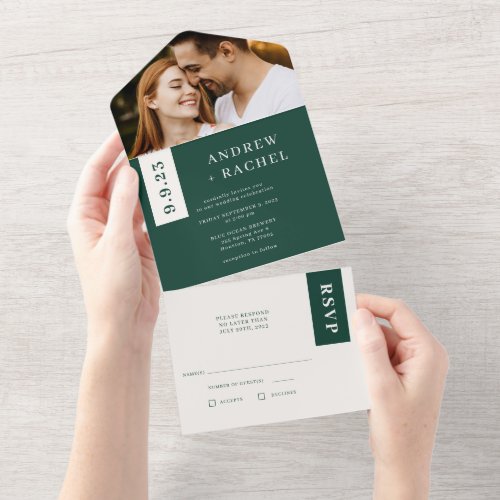 Emerald Green Blocks Fall Wedding Photo  All In One Invitation