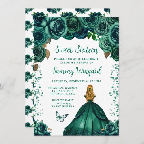 Emerald Green Blonde Hair Princess Sweet Sixteen Invitation