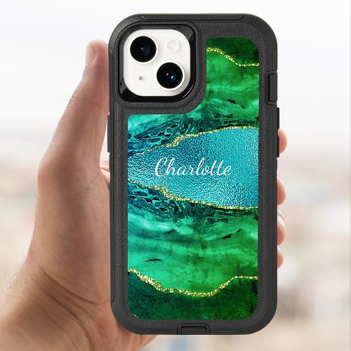 Emerald green blue agate marble name scrip OtterBox iPhone 14 case