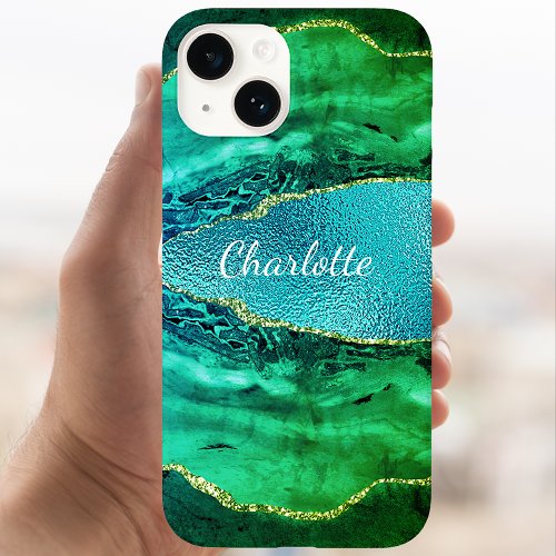 Emerald green blue agate marble name script Case_Mate iPhone 14 case