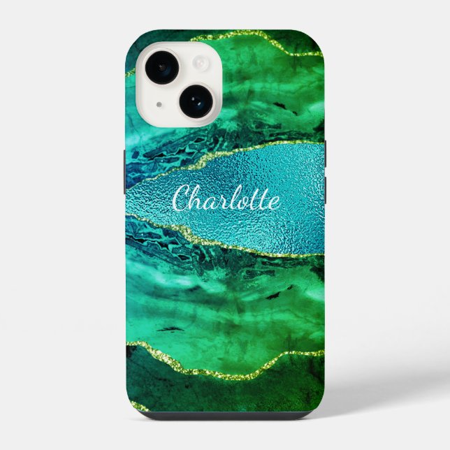 Emerald green blue agate marble name script iphone case (Back)