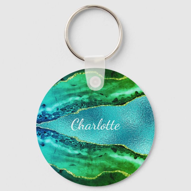 Emerald green blue agate marble name script  keychain (Front)