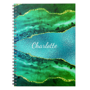 Emerald green blue agate marble name script notebook