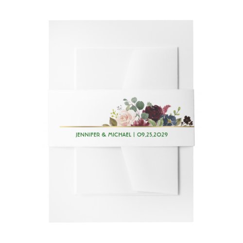  Emerald Green Blue Burgundy Gold Floral Blooms In Invitation Belly Band