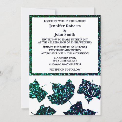 Emerald Green Blue Ombre Glitter Fall Leaf Wedding Invitation
