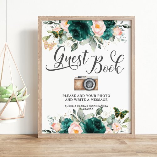 Emerald Green Blush Floral Guest Book Photo Sign