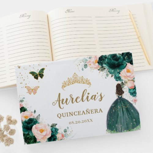 Emerald Green Blush Floral Princess Quinceaera Guest Book
