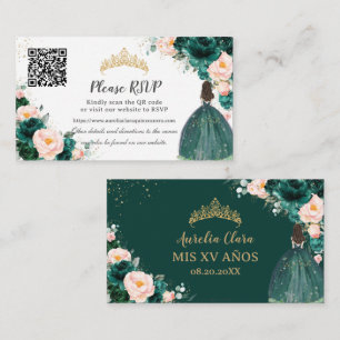 Emerald Green Blush Floral Quinceañera QR Code Enclosure Card