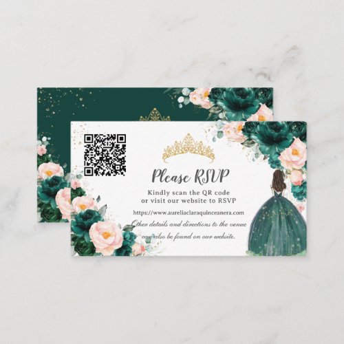 Emerald Green Blush Floral Quinceaera QR Code Enclosure Card