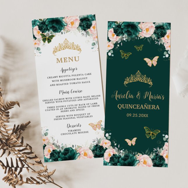 Emerald Green Blush Floral Twins Birthday Menu (Creator Uploaded)