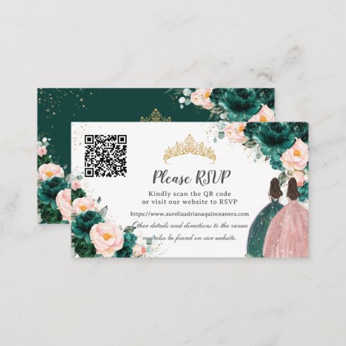 Emerald Green Blush Floral Twins Quinceaera QR Enclosure Card