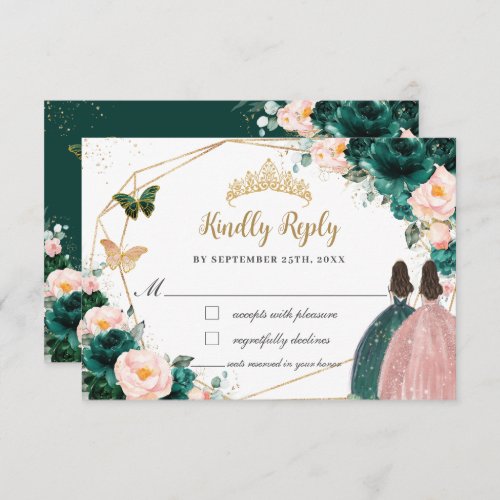 Emerald Green Blush Floral Twins Quinceaera Reply RSVP Card